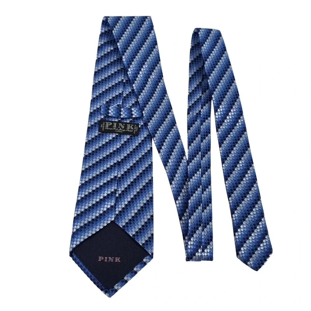 Thomas Pink London Blue Woven Geometric Silk Tie Made in Morocco Striped Mens